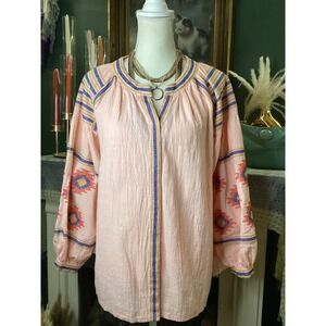 Velzera Peach Pink‎ Cotton Gauze Embroidered Peasant Blouse Top Large L